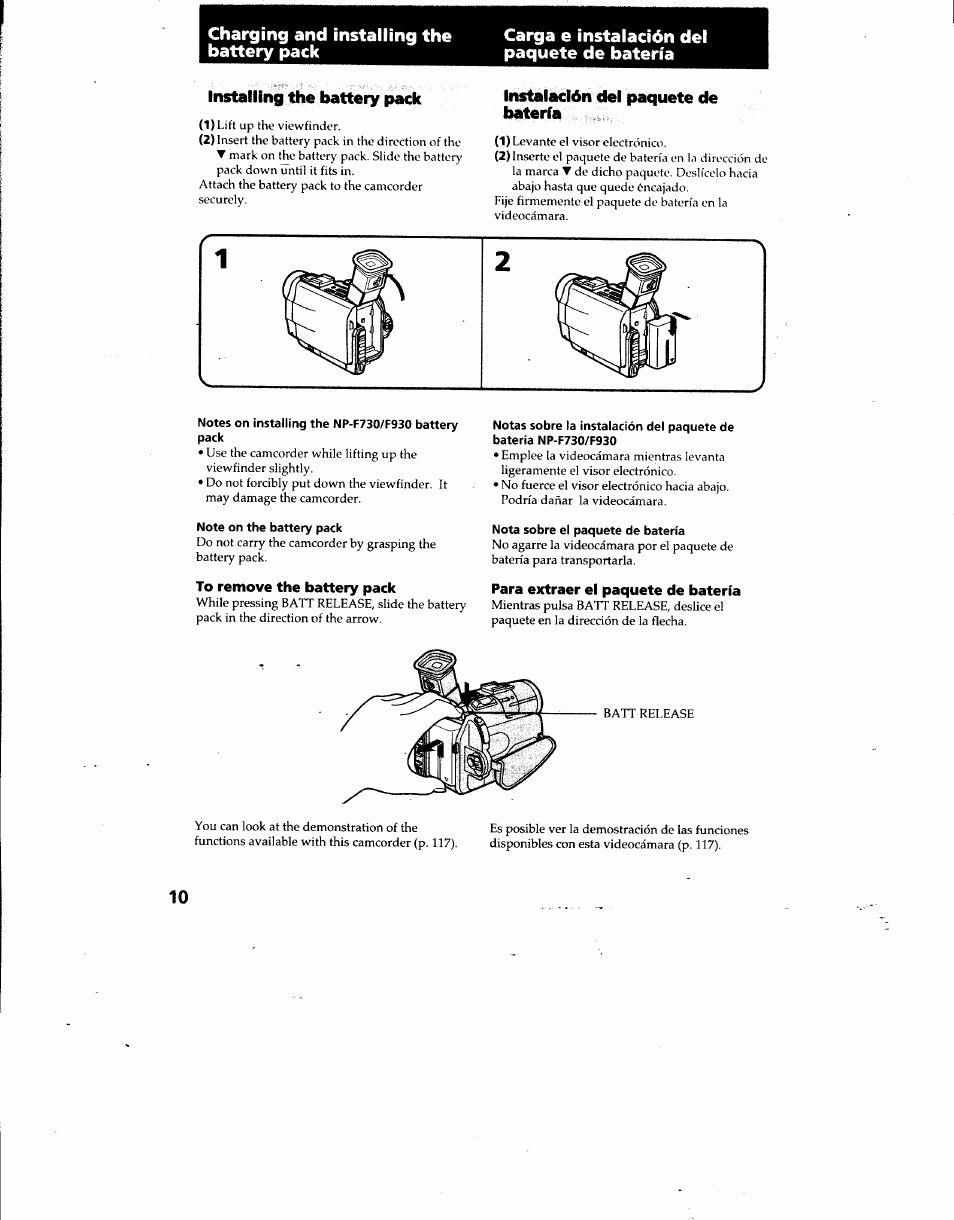 Charging and installing the battery pack, Installing the battery pack, Instalación del paquete de batería | To remove the battery pack, Para extraer el paquete de batería | Sony DCR-TRV7 User Manual | Page 10 / 120