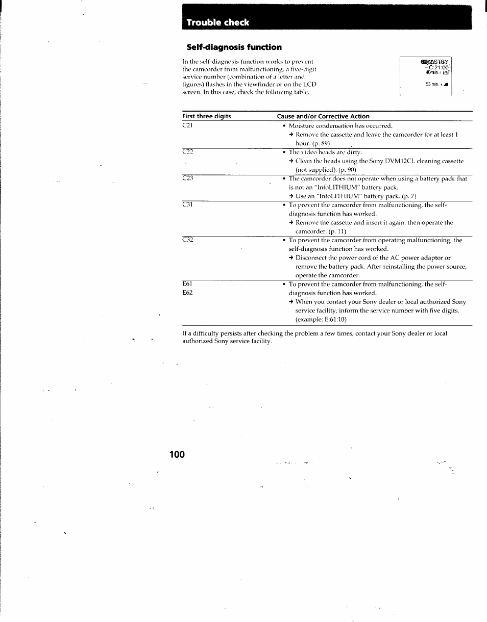 Self-diagnosis function, Trouble check | Sony DCR-TRV7 User Manual | Page 100 / 120