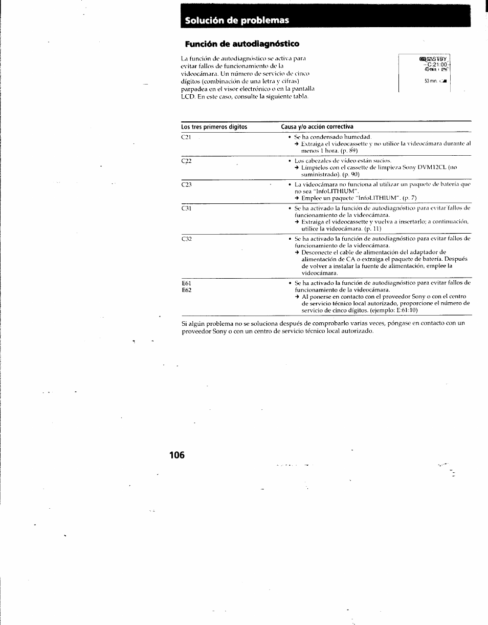 Función de autodiagnóstico | Sony DCR-TRV7 User Manual | Page 106 / 120