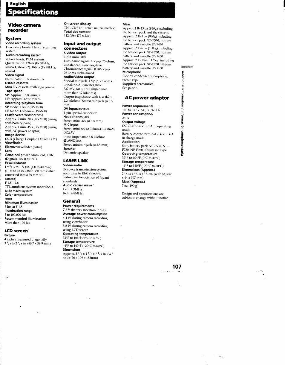 I english, Video camera recorder, System | Lcd screen, Input and output connectors, Laser link, Generäl, Ac power adaptor, Specifications | Sony DCR-TRV7 User Manual | Page 107 / 120
