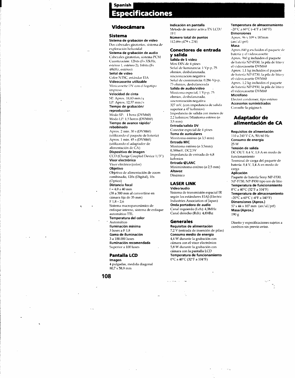 I spanish, Videocámara, Sistema | Pantalla lcd, Conectores de entrada y salida, Laser link, Generales, Adaptador de alimentación de ca, Especificaciones | Sony DCR-TRV7 User Manual | Page 108 / 120