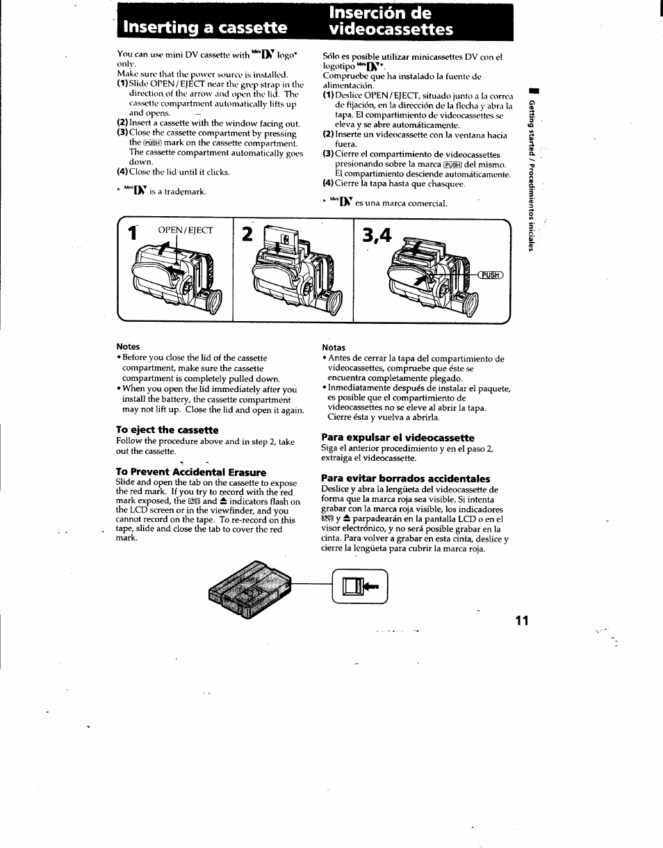 Inserting a cassette, Inserción de videocassettes, To eject the cassette | To prevent accidental erasure, Para expulsar el videocassette, Para evitar borrados accidentales | Sony DCR-TRV7 User Manual | Page 11 / 120