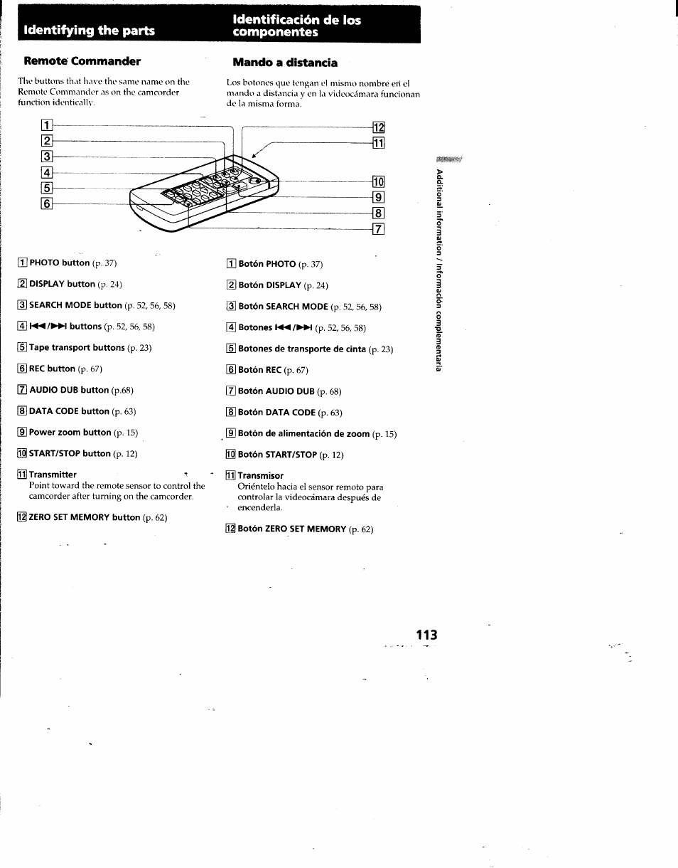 Remote commander, Mando a distancia | Sony DCR-TRV7 User Manual | Page 113 / 120