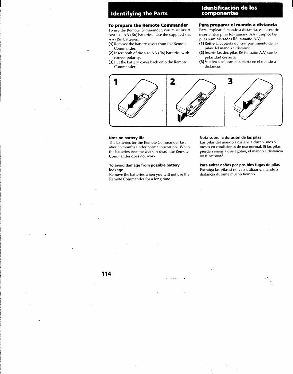 To prepare the remote commander, Para preparar el mando a distancia | Sony DCR-TRV7 User Manual | Page 114 / 120