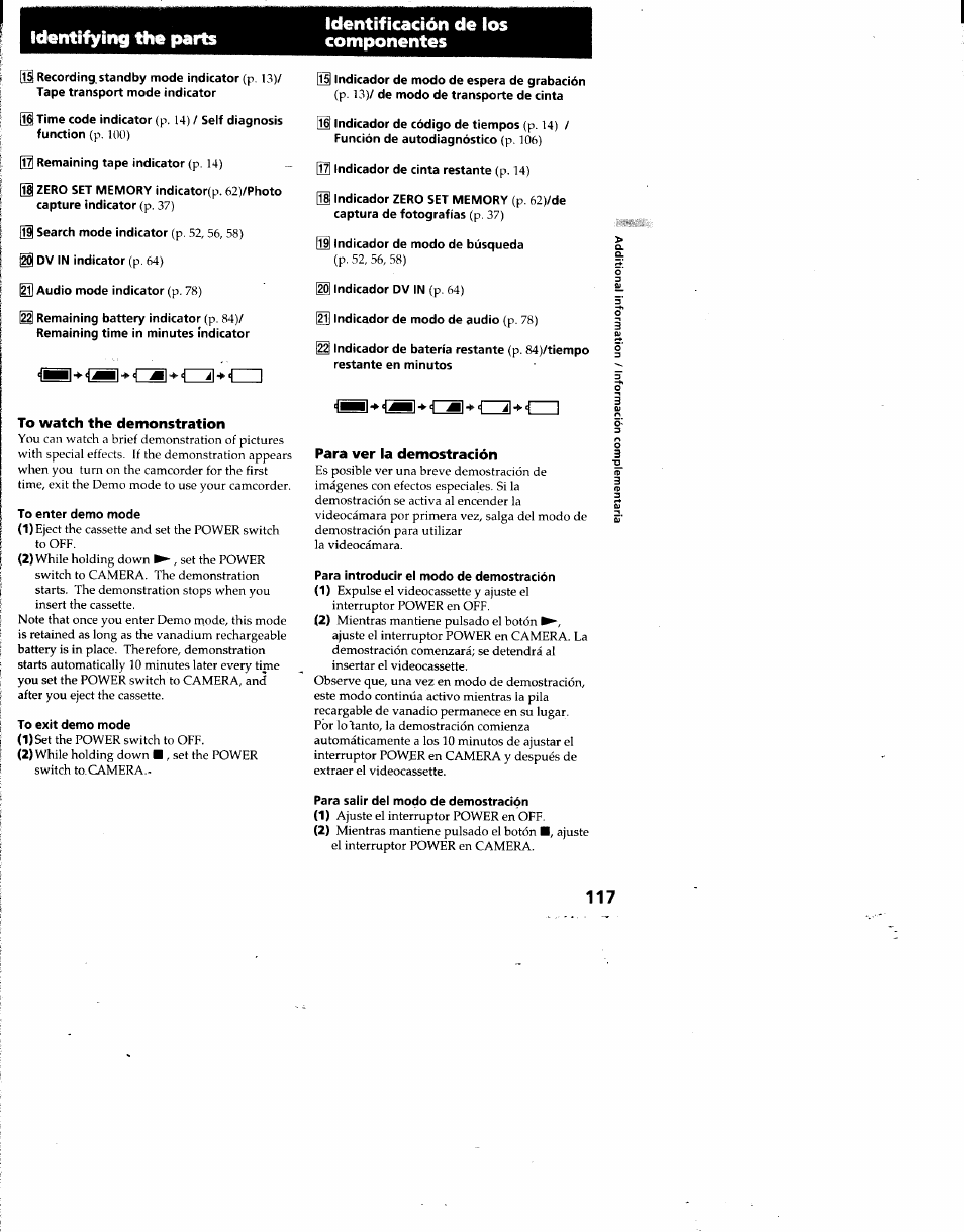 To watch the demonstration, Para ver la demostración | Sony DCR-TRV7 User Manual | Page 117 / 120