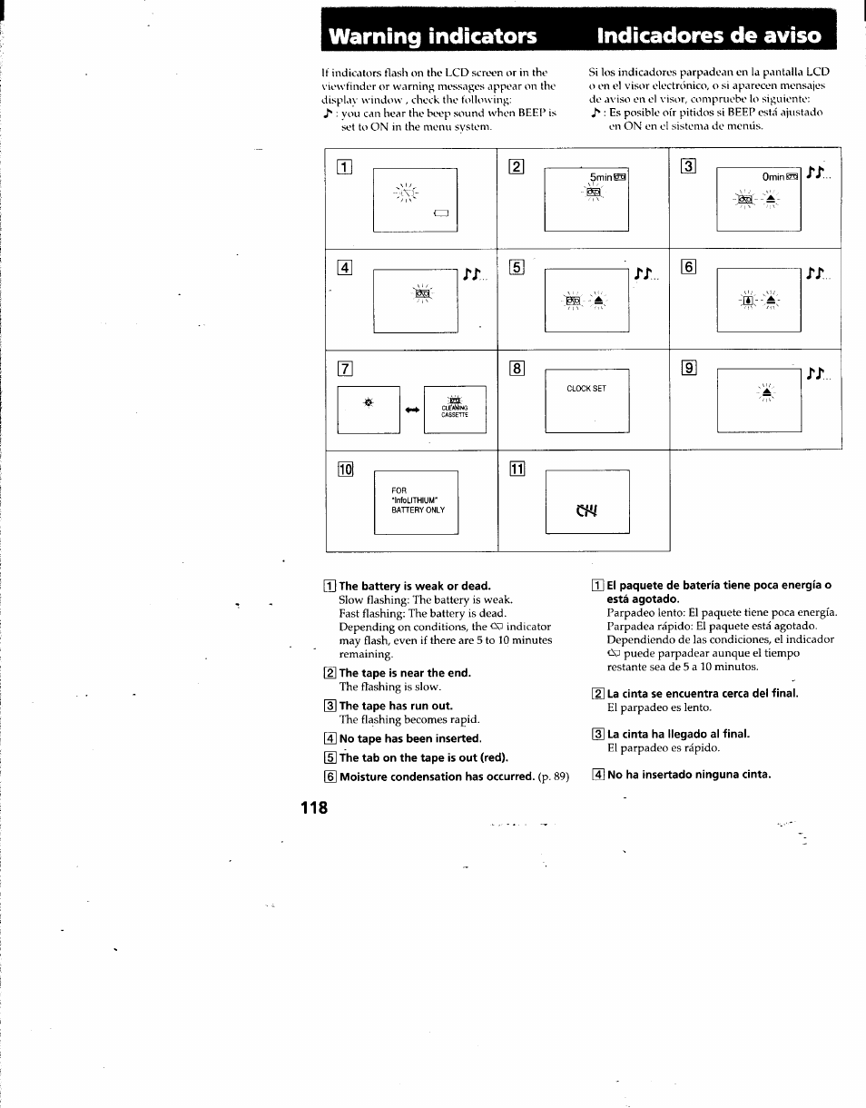 Warning indicators, Indicadores de aviso, Warning indicators indicadores de aviso | Sony DCR-TRV7 User Manual | Page 118 / 120