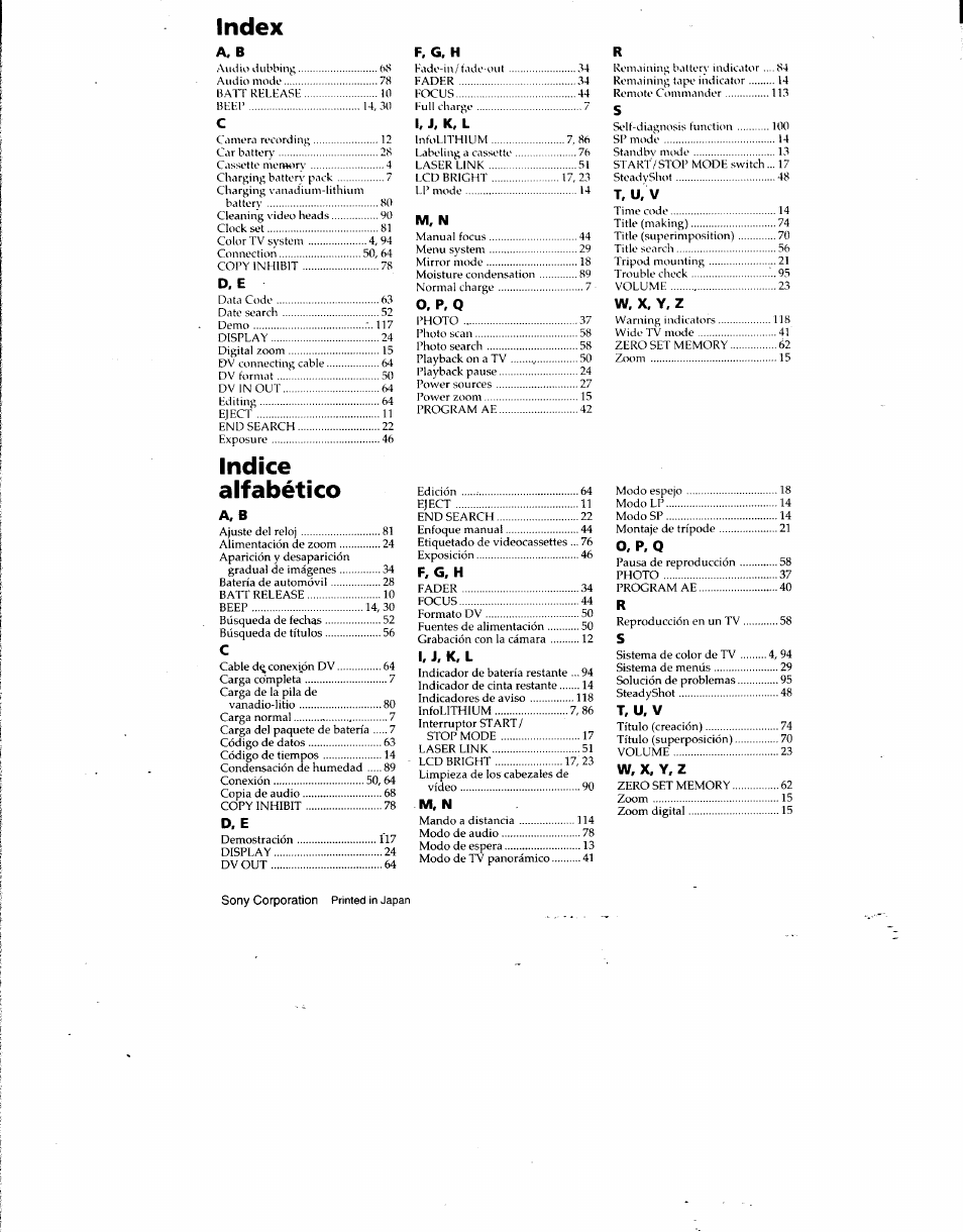 Index, Indice alfabético | Sony DCR-TRV7 User Manual | Page 120 / 120