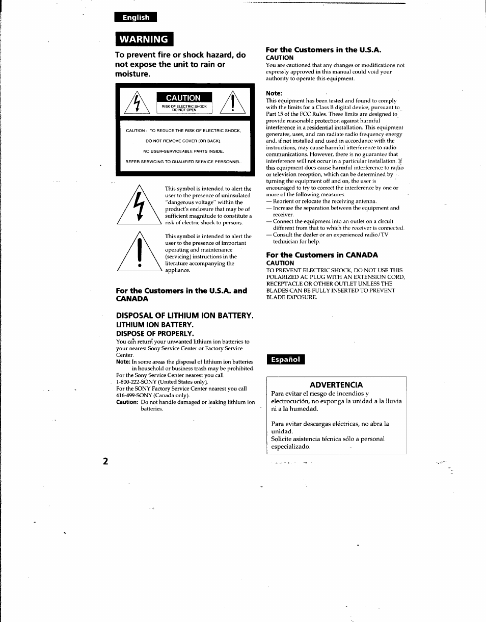 English, Warning, For the customers in the u.s.a. and canada | Lithium ion battery, Dispose of properly, For the customers in the u.s.a, For the customers in canada, Español | Sony DCR-TRV7 User Manual | Page 2 / 120