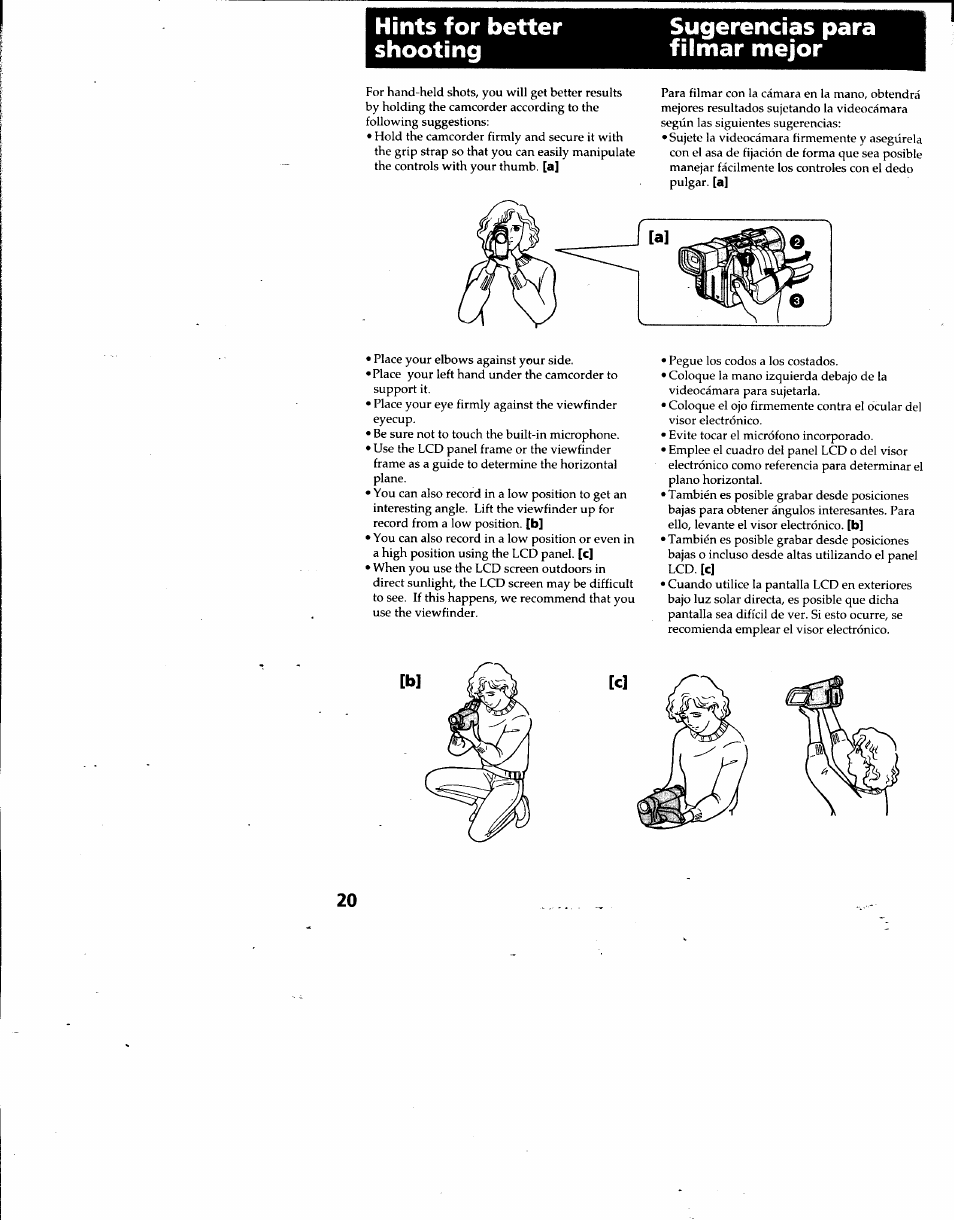 Hints for better shooting, Sugerencias para filmar mejor | Sony DCR-TRV7 User Manual | Page 20 / 120