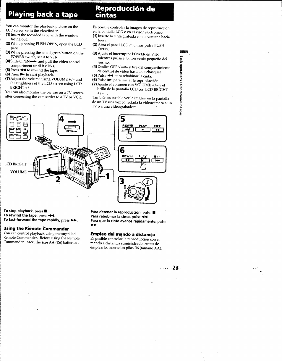 Playing back a tape, Reproducción de cintas, Using the demote commander | Empleo del mando a distancia, Playing back a tape reproducción de cintas | Sony DCR-TRV7 User Manual | Page 23 / 120