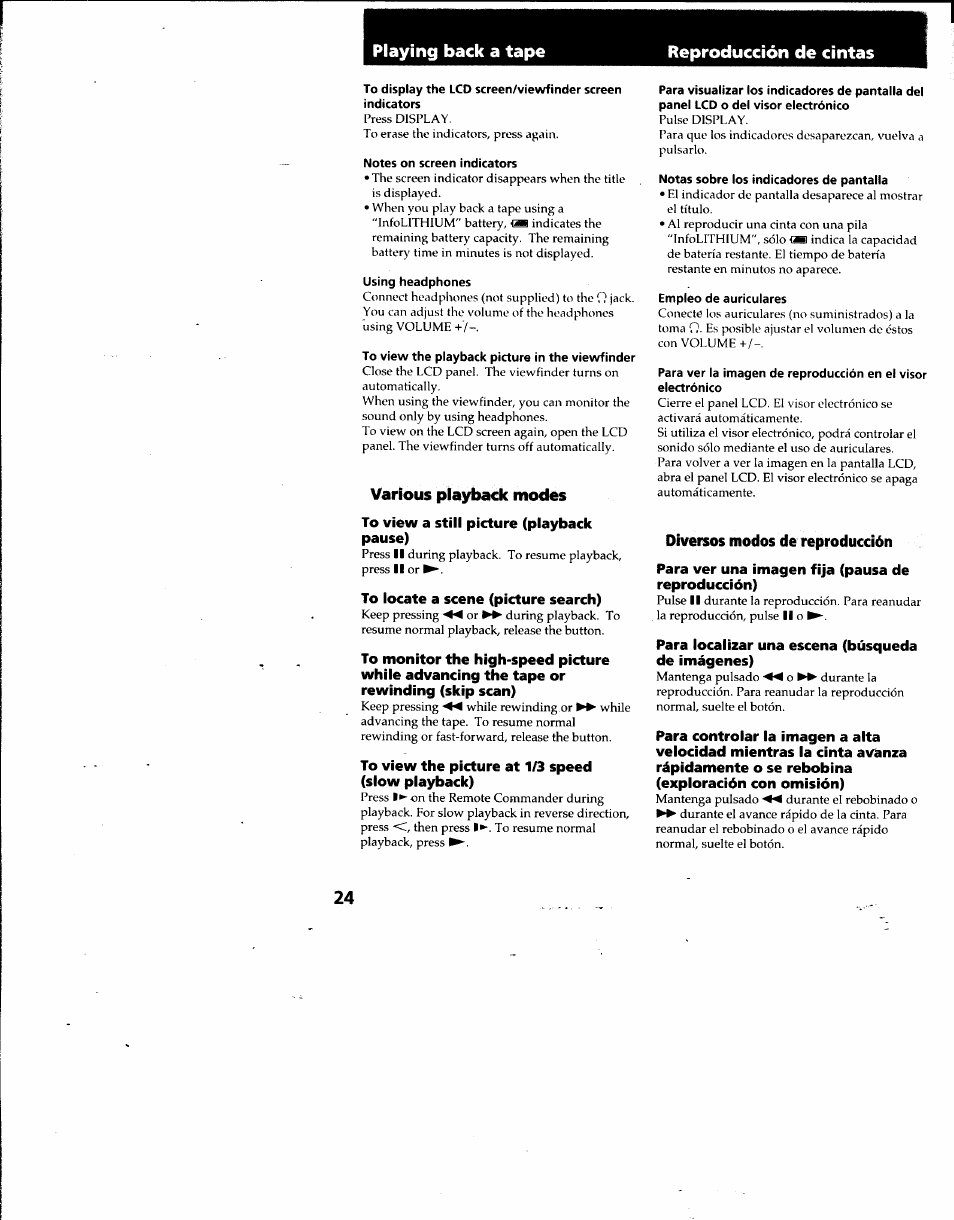 Reproducción de cintas, Various playback modes | Sony DCR-TRV7 User Manual | Page 24 / 120