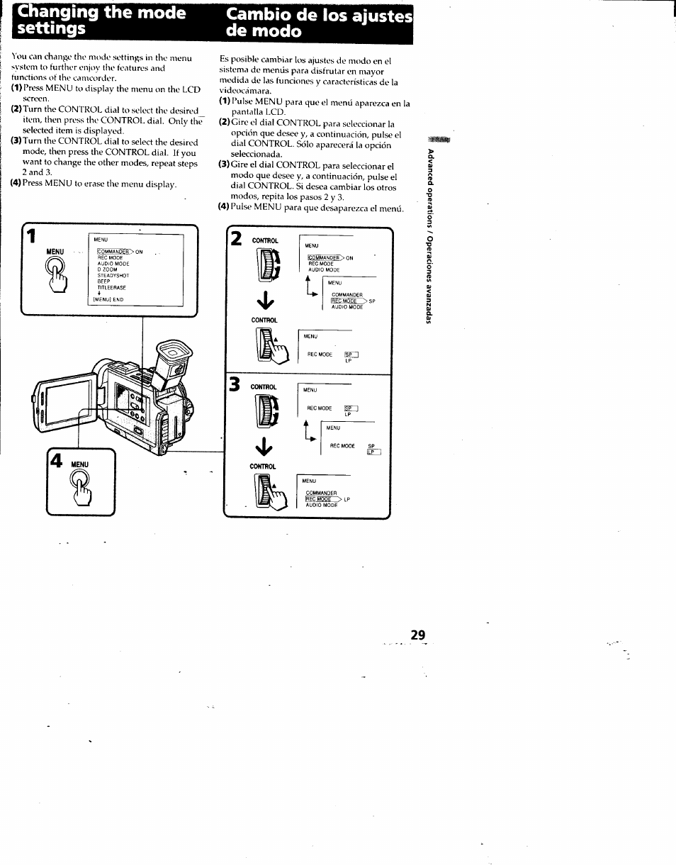 Changing the mode settings, Cambio de los ajustes de modo | Sony DCR-TRV7 User Manual | Page 29 / 120