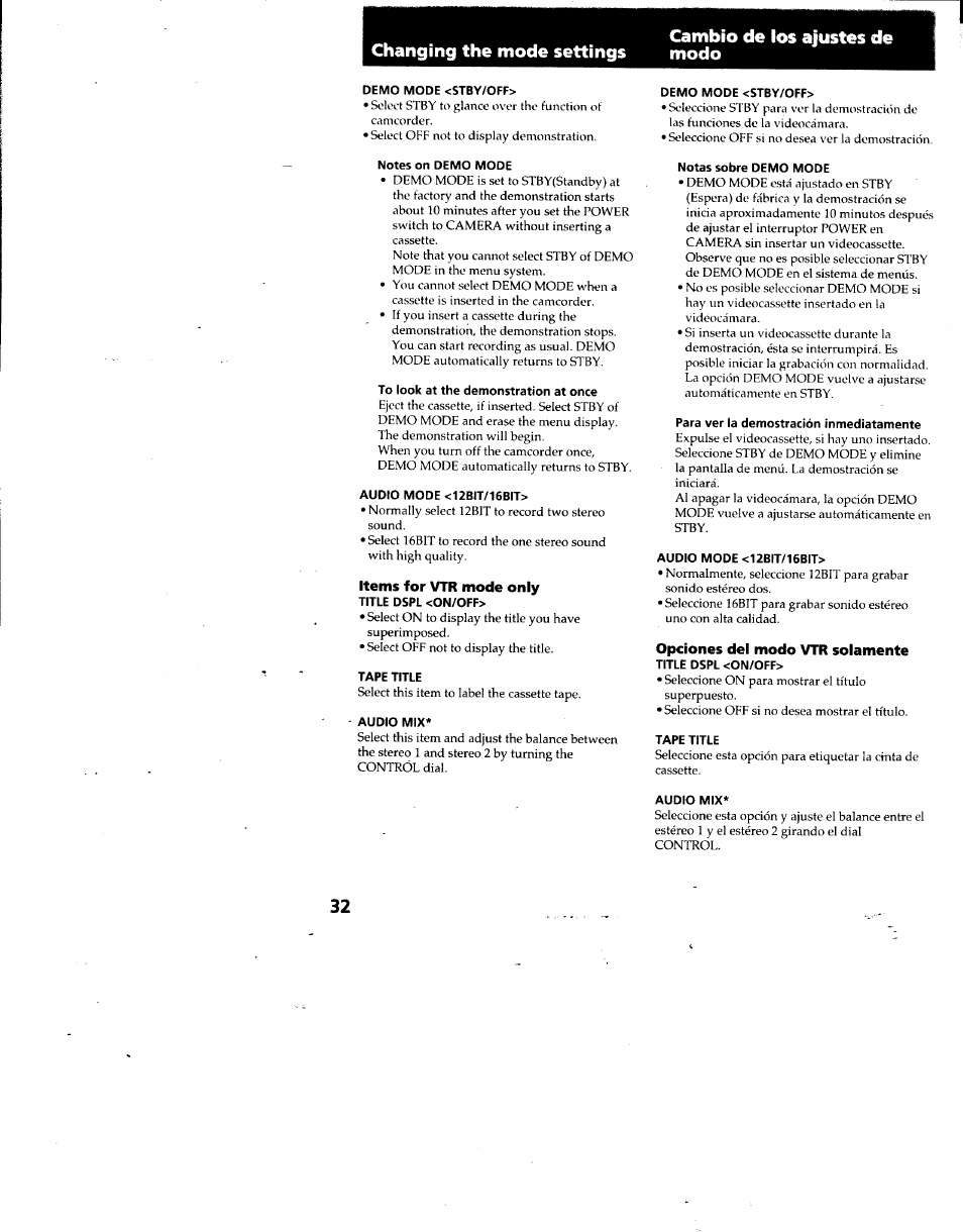 Items for vtr mode only, Opciones del modo vtr solamente | Sony DCR-TRV7 User Manual | Page 32 / 120