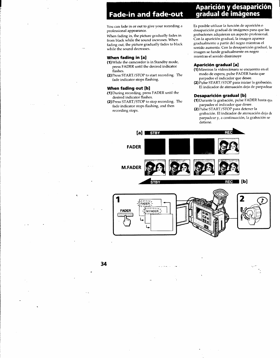 When fading in [a, When fading out [b, Aparición graduai [a | Desaparición gradual [b | Sony DCR-TRV7 User Manual | Page 34 / 120