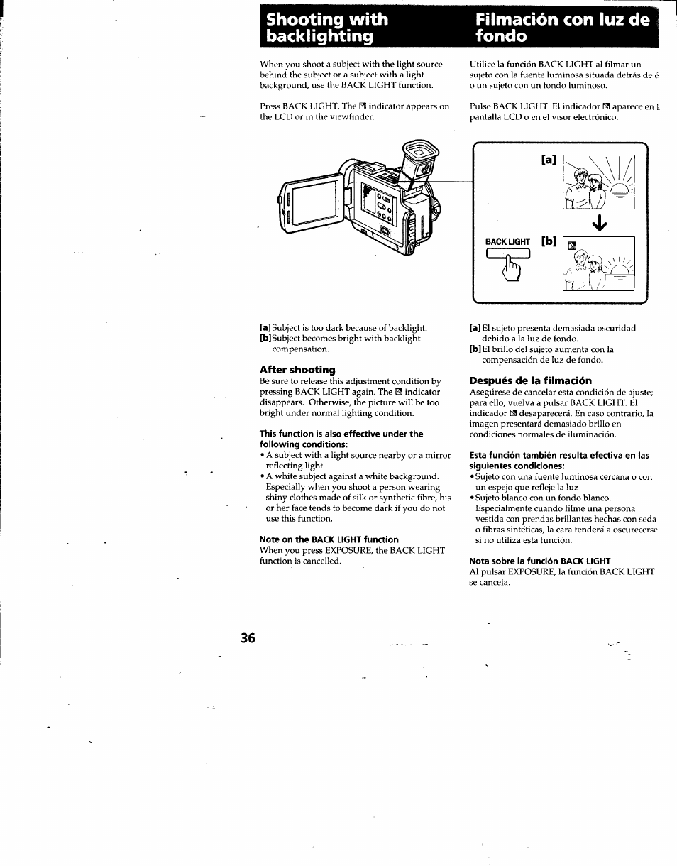 Filmación con luz de fondo, After shooting, Después de la filmación | Shooting with backlighting | Sony DCR-TRV7 User Manual | Page 36 / 120