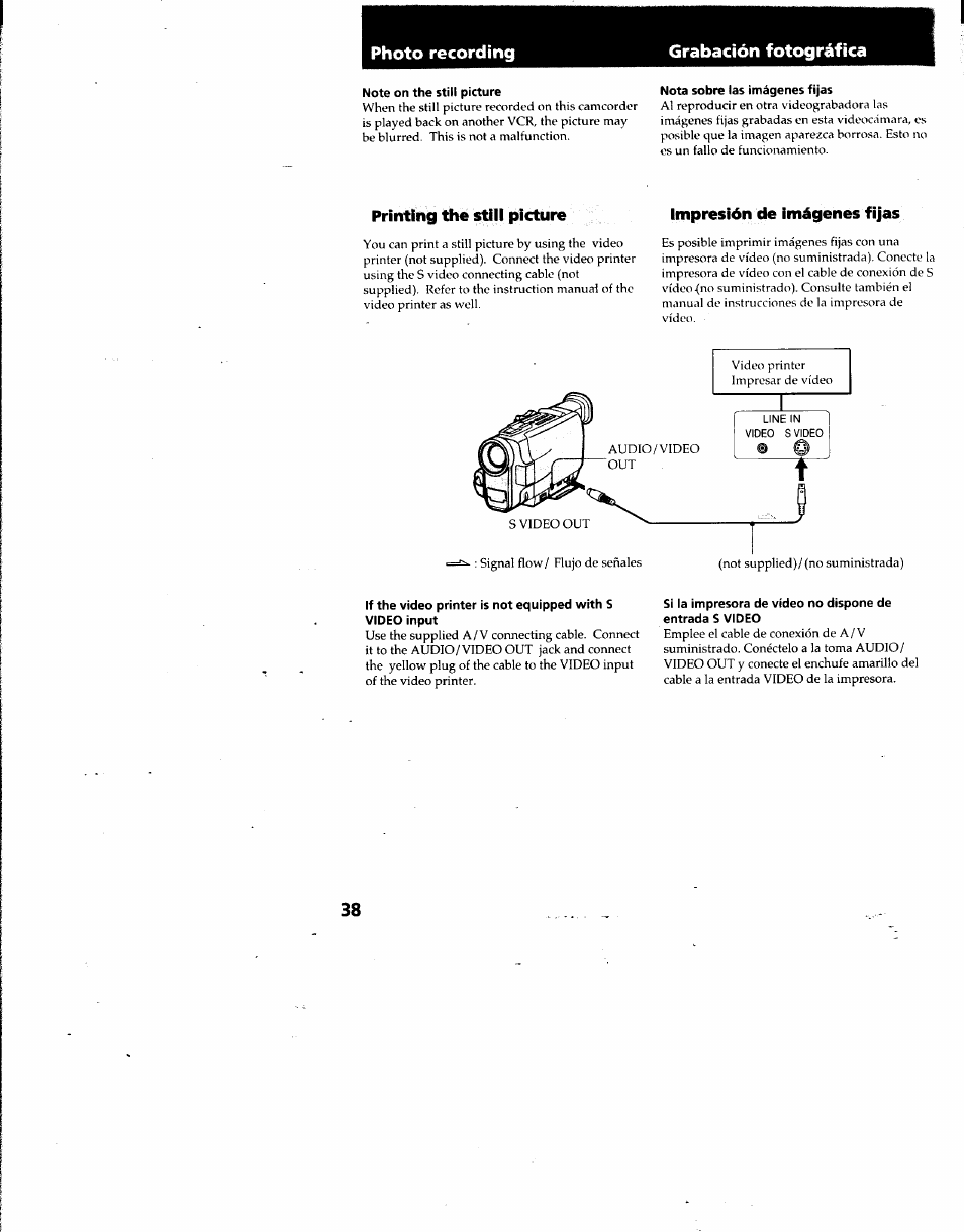 Grabación fotográfica, Printing the stili picture, Impresión de imágenes fijas | Sony DCR-TRV7 User Manual | Page 38 / 120