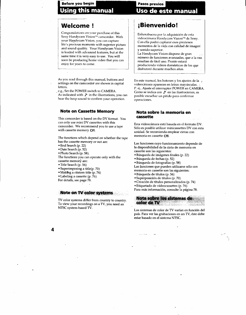 Using this manual, Uso de este manual, Welcome | Bienvenido, Note on cassette memory, Note on tv color systems, Nota sobre la memoria en cassette, Nota sobre los sistemas de : color de tv, Uso de este manual welcome | Sony DCR-TRV7 User Manual | Page 4 / 120