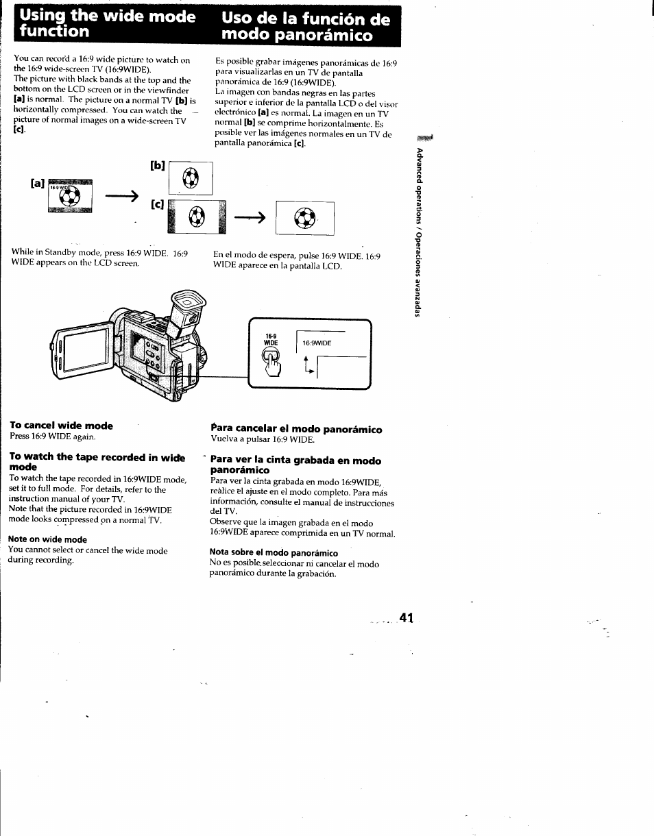 To cancel wide mode, To watch the tape recorded in wide mode, Ara cancelar el modo panorámico | Para ver la cinta grabada en modo panorámico | Sony DCR-TRV7 User Manual | Page 41 / 120