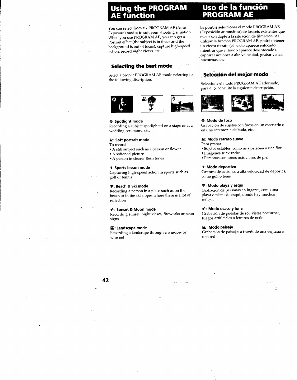 Using the program uso de la función, Ae function program ae, Selecting the best mòcte | Selec3ición del mejor modo | Sony DCR-TRV7 User Manual | Page 42 / 120