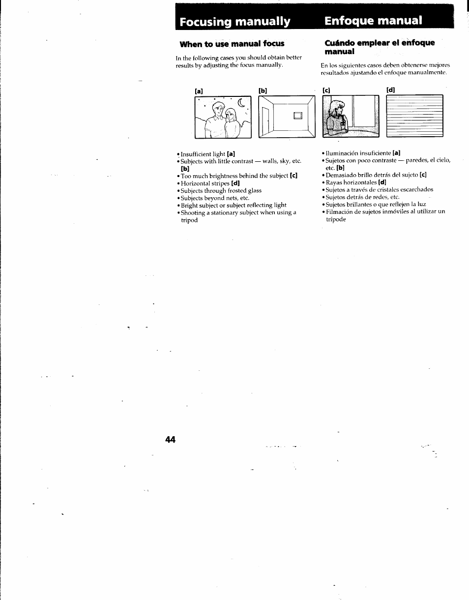 Focusing manually enfoque manual, When to use manual focus, Cuándo emplear el enfoque manual | Sony DCR-TRV7 User Manual | Page 44 / 120