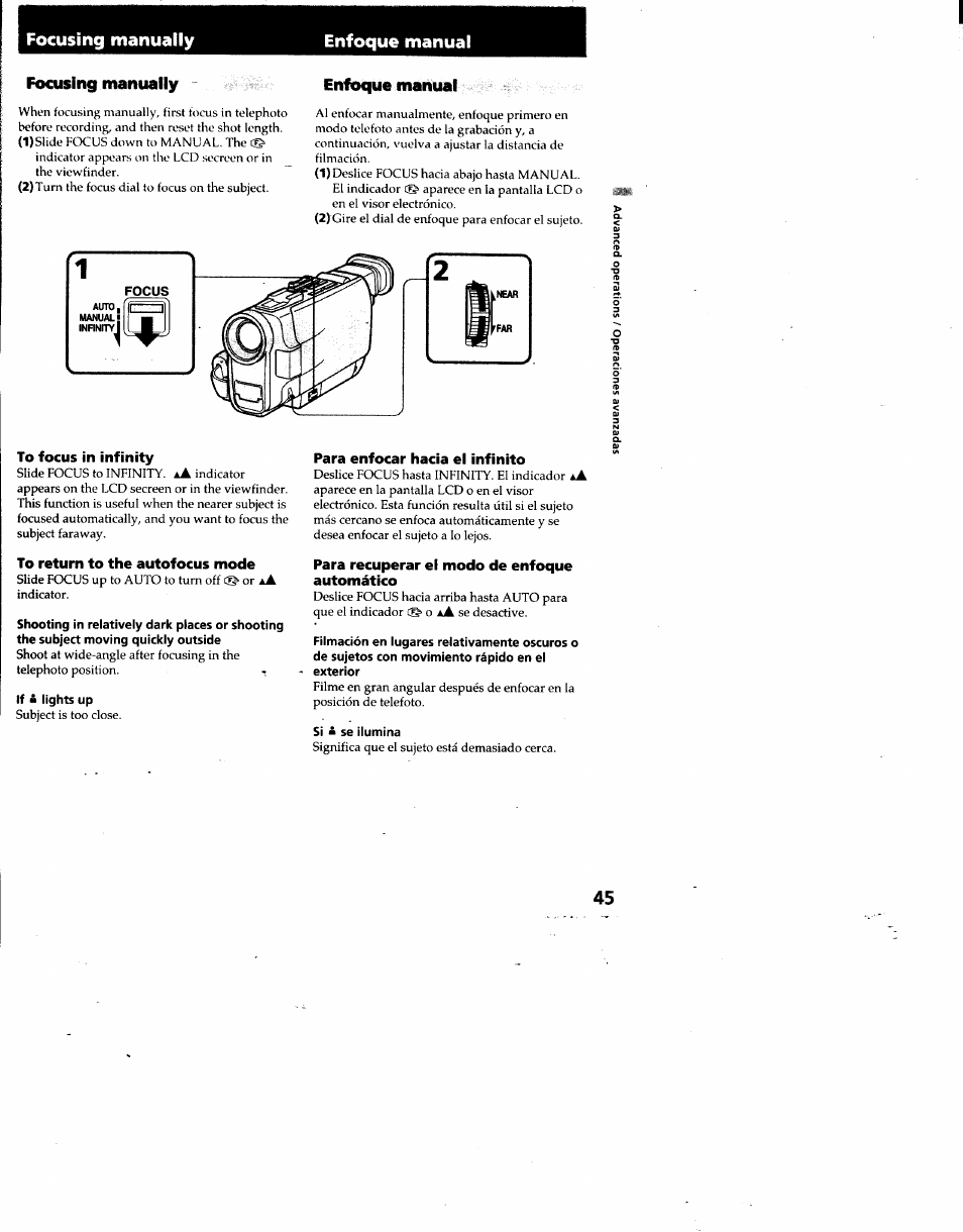 Focusing manually, Enfoque manual, To focus in infinity | To return to the autofocus mode, Para enfocar hacia el infinito, Para recuperar el modo de enfoque automático, Focusing manually enfoque manual | Sony DCR-TRV7 User Manual | Page 45 / 120