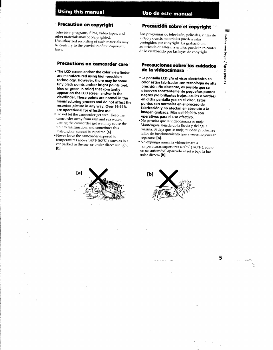 Using this manual, Uso de este manual, Precaution on copyright | Precaución sobre el copyright, Precautions on camcorder care, Precauciones sobre los cuidados de la vidóocámara | Sony DCR-TRV7 User Manual | Page 5 / 120