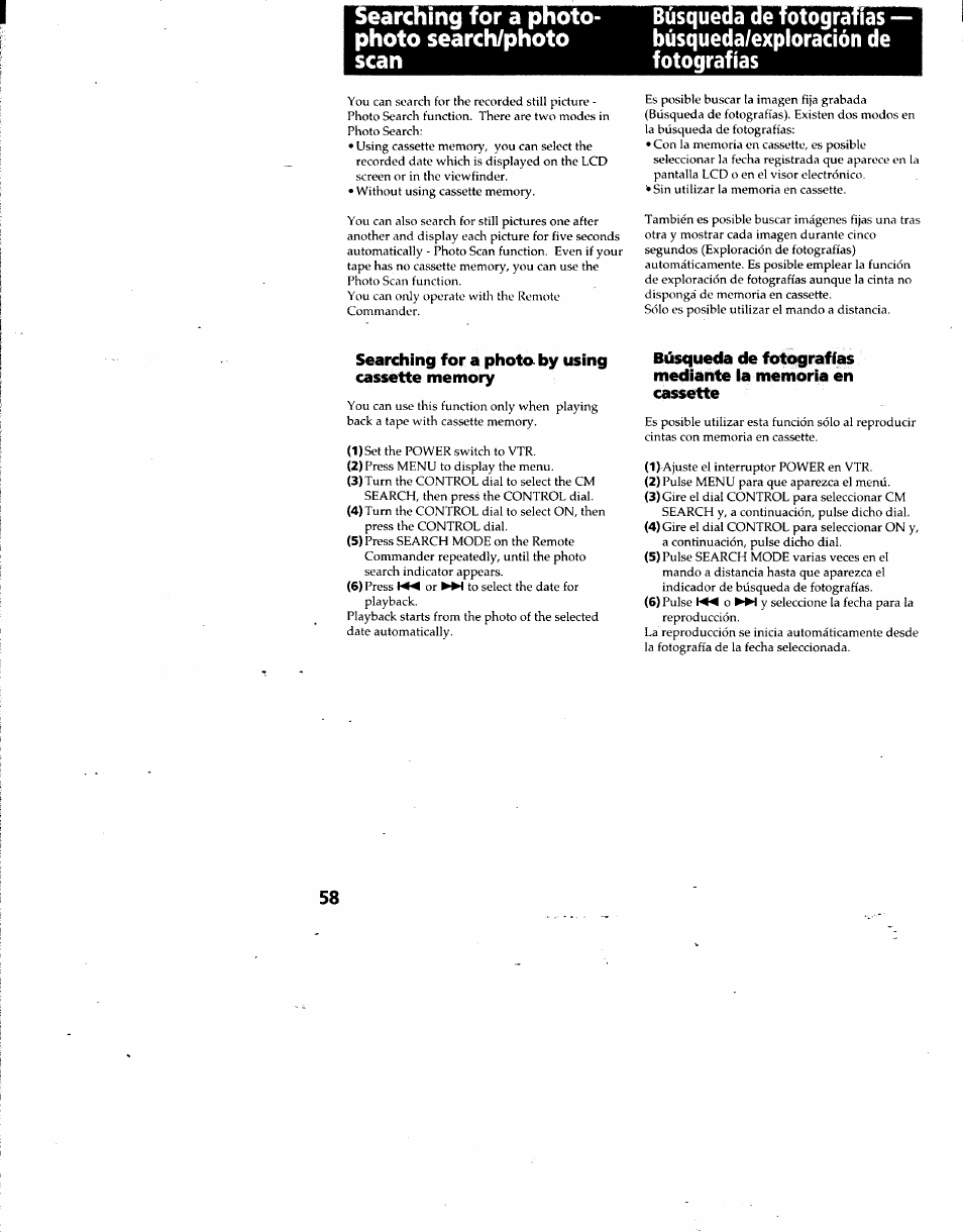 Searching for a phota by using cassette memory, Earthing for a photo­ photo search/photo scan | Sony DCR-TRV7 User Manual | Page 58 / 120