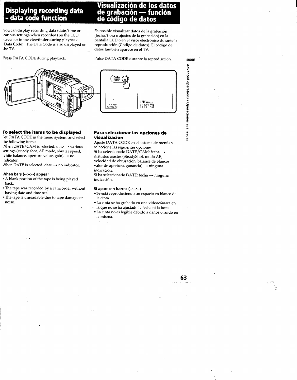Visualización de los datos, To select the items to be displayed, Para seleccionar las opciones de visualización | Sony DCR-TRV7 User Manual | Page 63 / 120