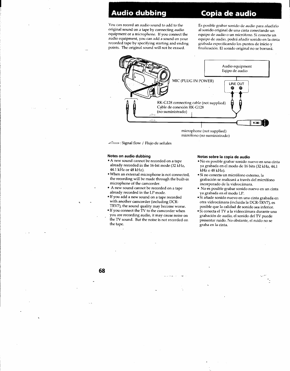 Audio dubbing, Copia de audio, Audio dubbing copia de audio | Sony DCR-TRV7 User Manual | Page 68 / 120