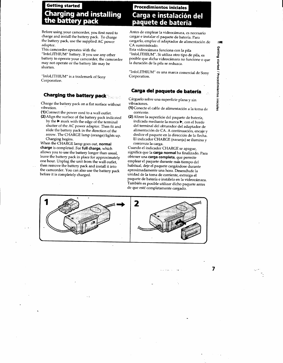 I getting started, Charging the battery pack, Carga del paquete de batería | Sony DCR-TRV7 User Manual | Page 7 / 120