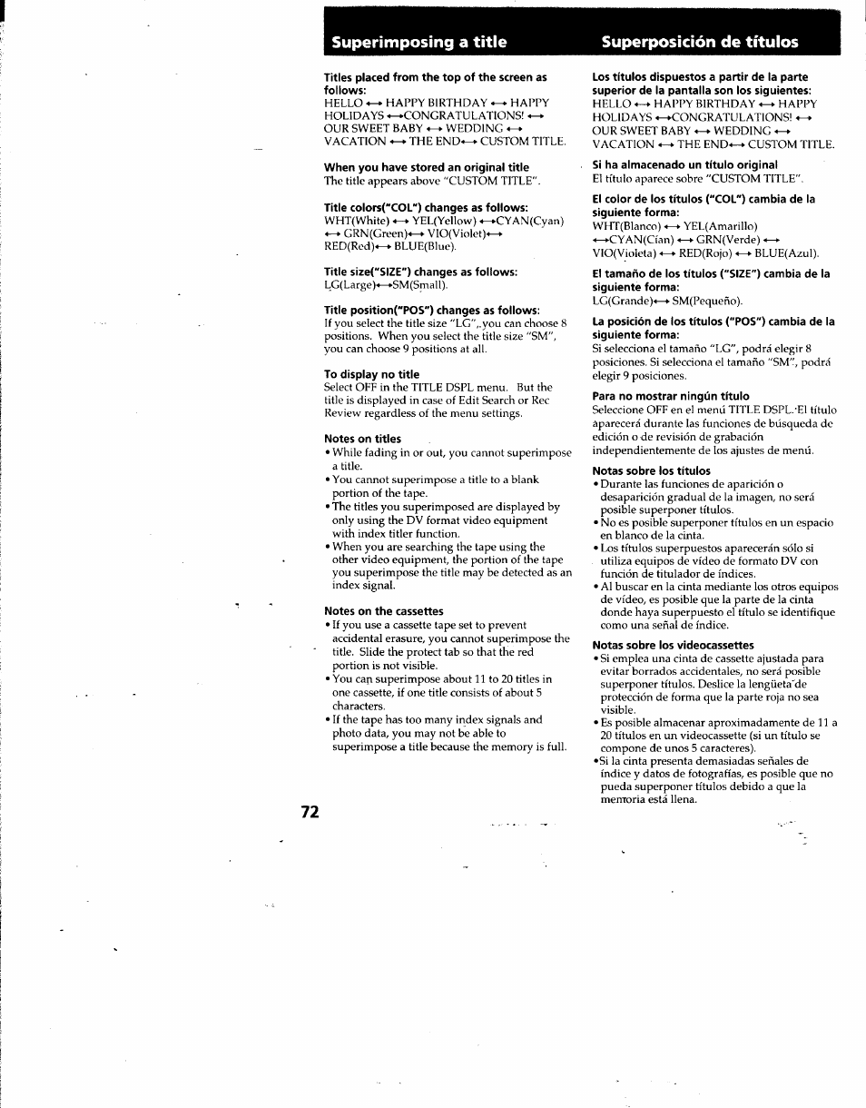 Superimposing a title, Superposición de títulos | Sony DCR-TRV7 User Manual | Page 72 / 120