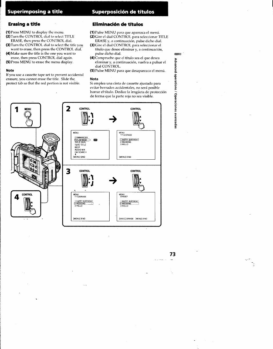 Superimposing a title, Superposición de títulos, Eliminación de tftuios | Sony DCR-TRV7 User Manual | Page 73 / 120