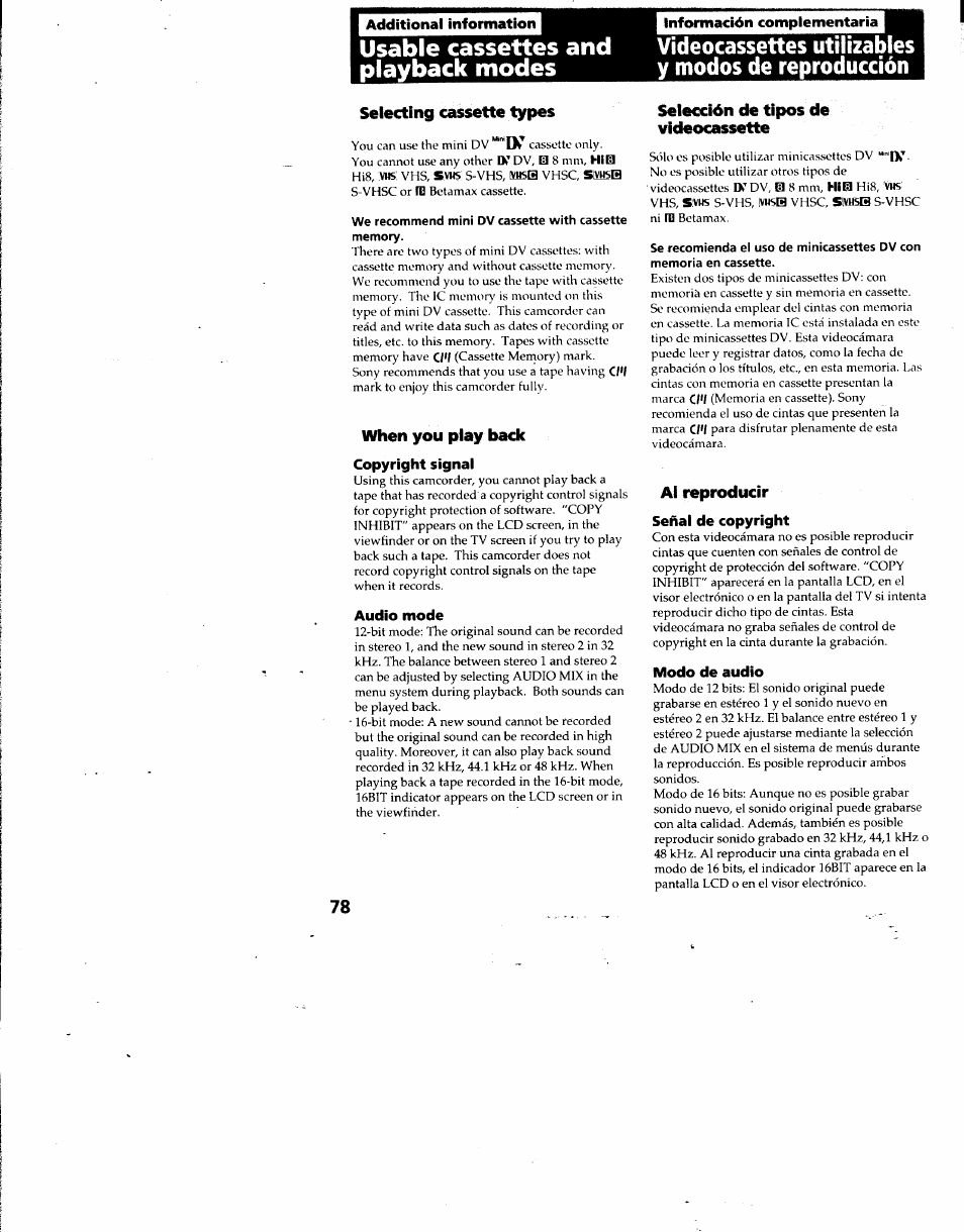 Usable cassettes and playback modes, Información complementaria, Videocassettes utilizables y modos de reproducción | Selecting cassette types, When you play back, Copyright signal, Audio mode, Selección de tipos de videocassette, Al reproducir, Señal de copyright | Sony DCR-TRV7 User Manual | Page 78 / 120