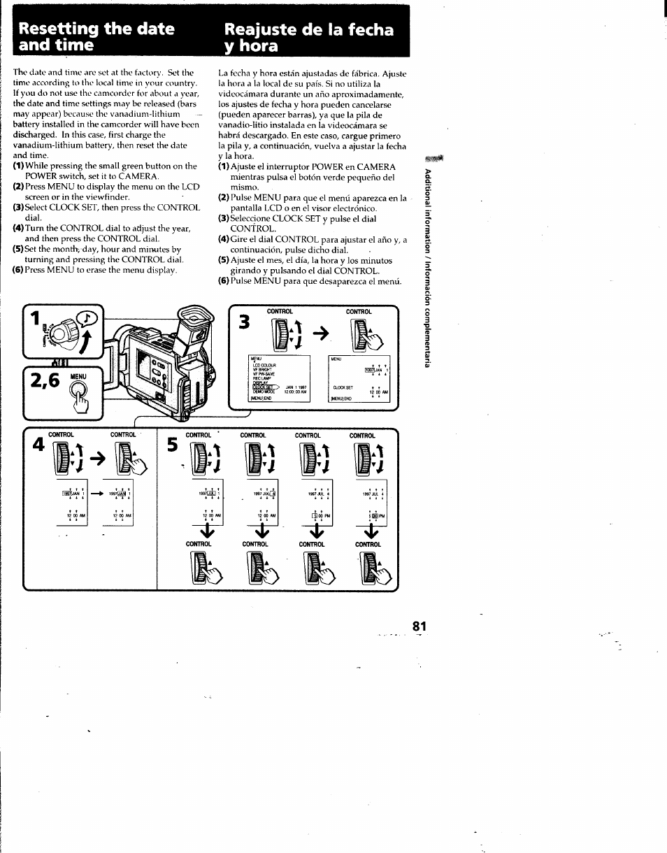 Resetting the date and time, Reajuste de la fecha y hora | Sony DCR-TRV7 User Manual | Page 81 / 120