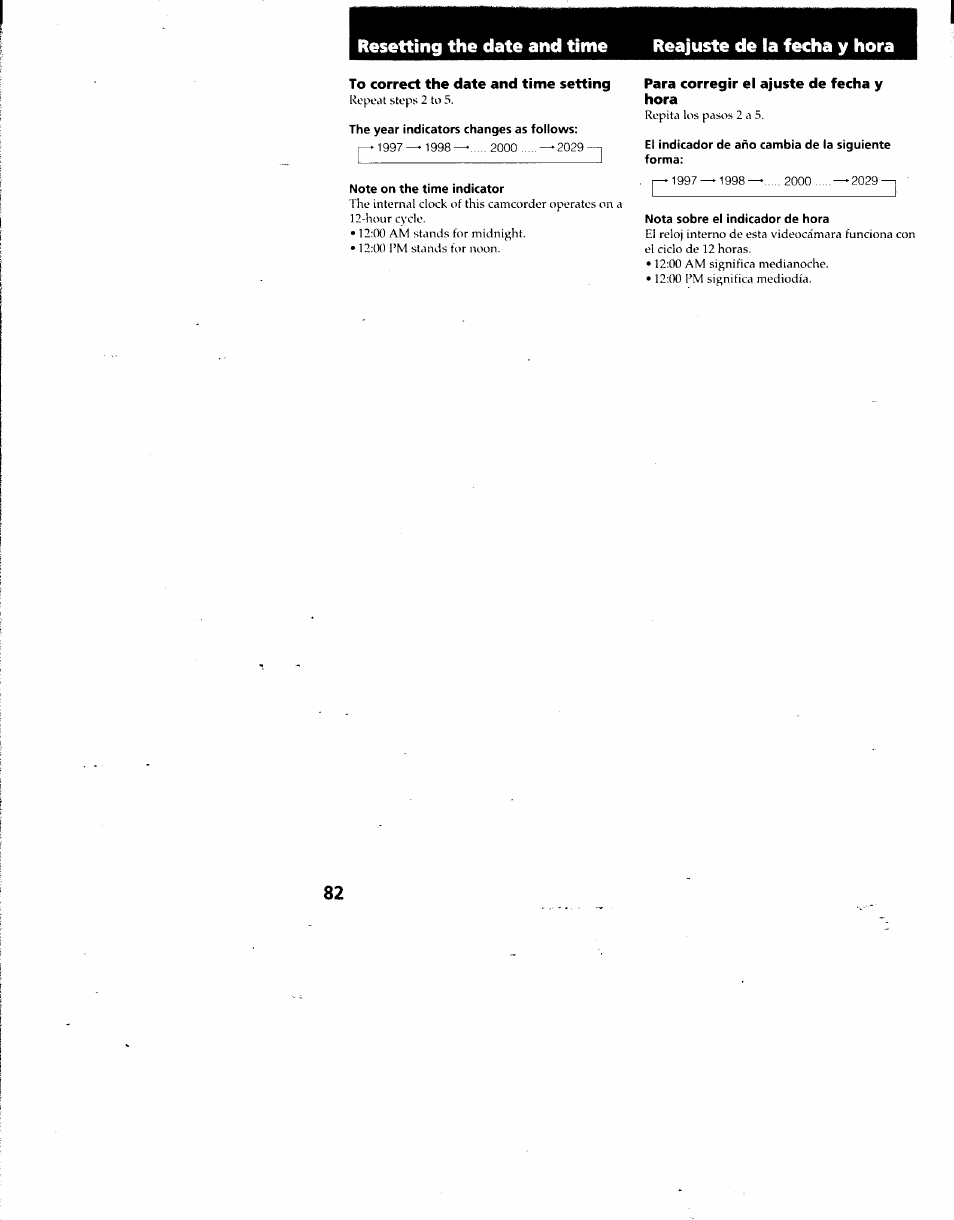 To correct the date and time setting, Para corregir el ajuste de fecha y hora | Sony DCR-TRV7 User Manual | Page 82 / 120