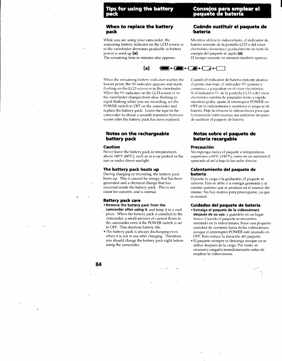 Caution, The battery pack heats up, Battery pack care | Precaución, Calentamiento del paquete de batería, Cuidados del paquete de batería | Sony DCR-TRV7 User Manual | Page 84 / 120