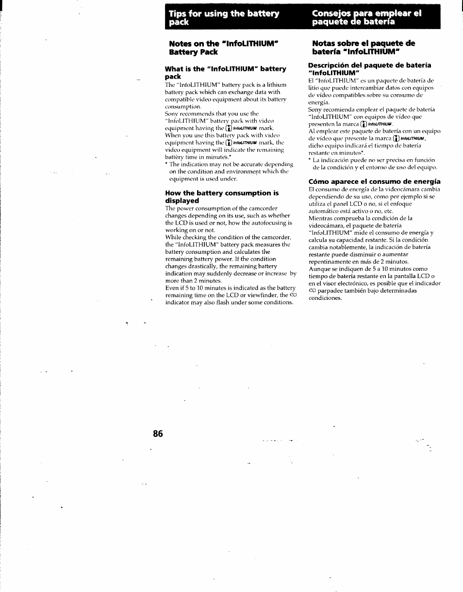 Notes on the "infolithium” battery pack, What is the "infolithium" battery pack, How the battery consumption is displayed | Notas sobre el paquete de batería "infolithlum, Descripción del paquete de batería "infolithlum, Cómo aparece el consumo de energía | Sony DCR-TRV7 User Manual | Page 86 / 120