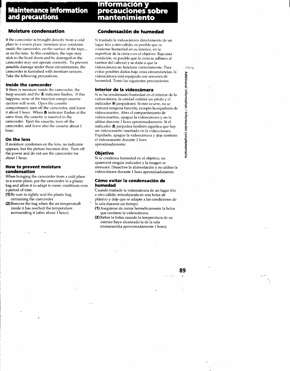 Iiìtormacion y, Moisture condensation, Inside the camcorder | On the lens, How to prevent moisture condensation, Condensación de humedad, Interior de la videocámara, Objetivo, Cómo evitar la condensación de humedad | Sony DCR-TRV7 User Manual | Page 89 / 120