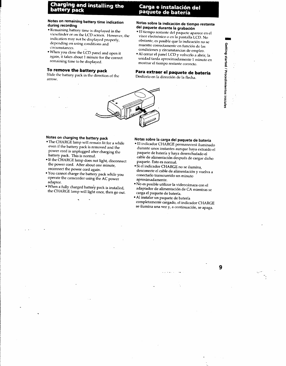 Charging and installing the battery pack, To remove the battery pack, Para extraer el paquete de batería | Sony DCR-TRV7 User Manual | Page 9 / 120