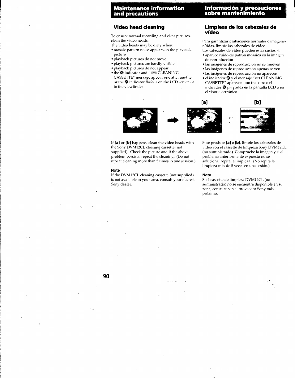 Video head cleaning, Limpieza de los cabezales de vídeo | Sony DCR-TRV7 User Manual | Page 90 / 120