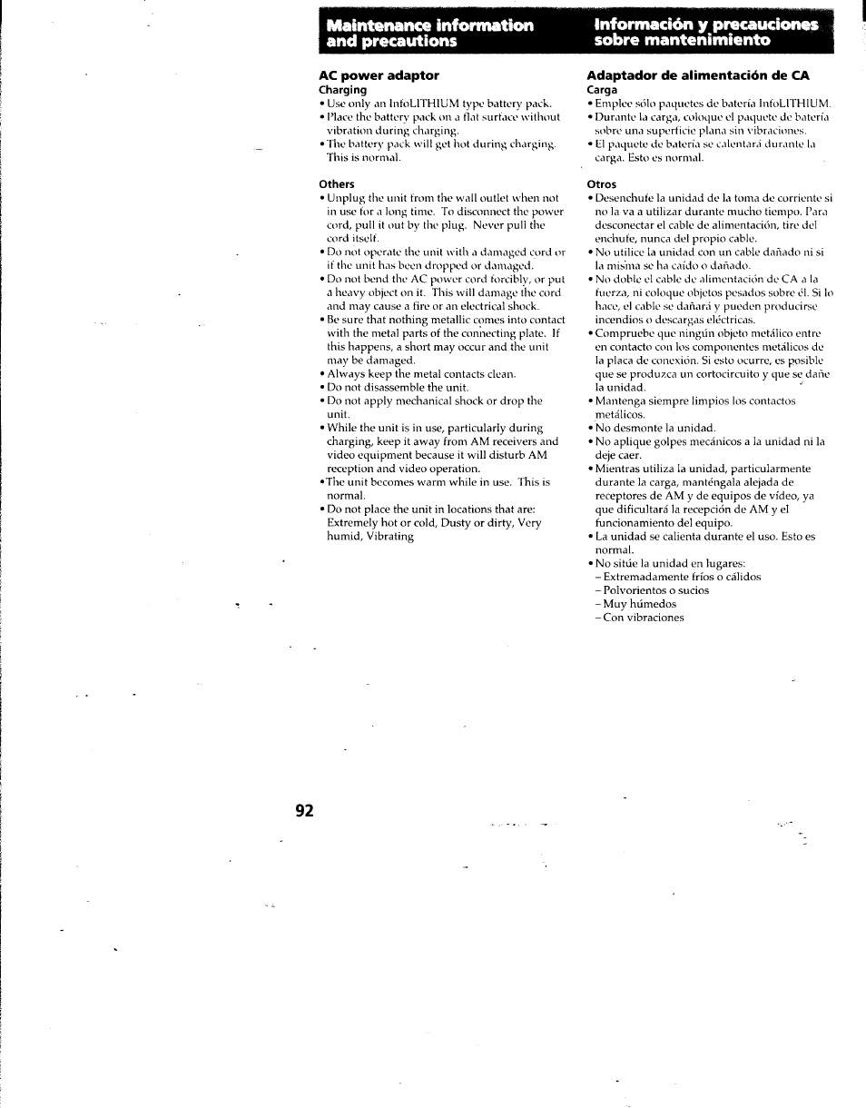 Ac power adaptor, Adaptador de alimentación de ca, Maintenance information and precautions | Liifonnacito y praohicicmm« sobre mantenimiento | Sony DCR-TRV7 User Manual | Page 92 / 120