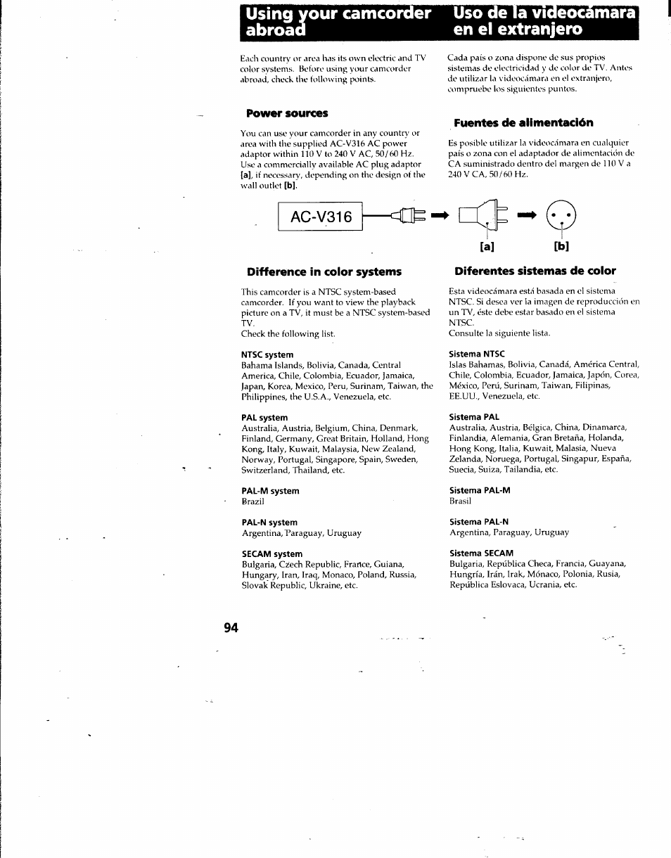 Using y abroad, Our camcorder, Uso de la videocámárá en el extranjero | Power sources, Fuentes de alimentación, Difference in color systems, Diferentes sistemas de color, Ac-v316 ■cot | Sony DCR-TRV7 User Manual | Page 94 / 120