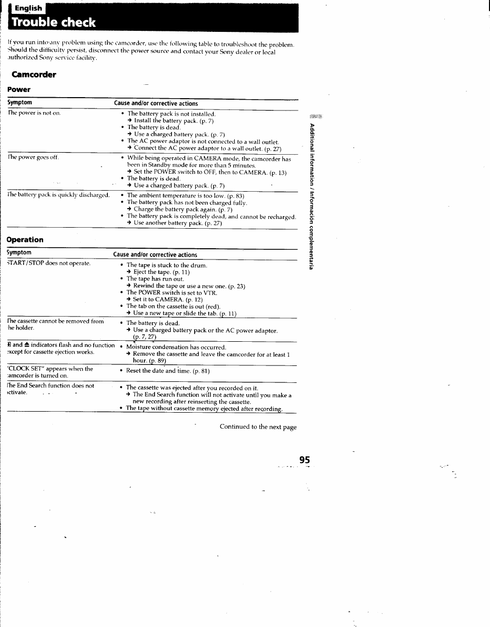 I english, Trouble check | Sony DCR-TRV7 User Manual | Page 95 / 120