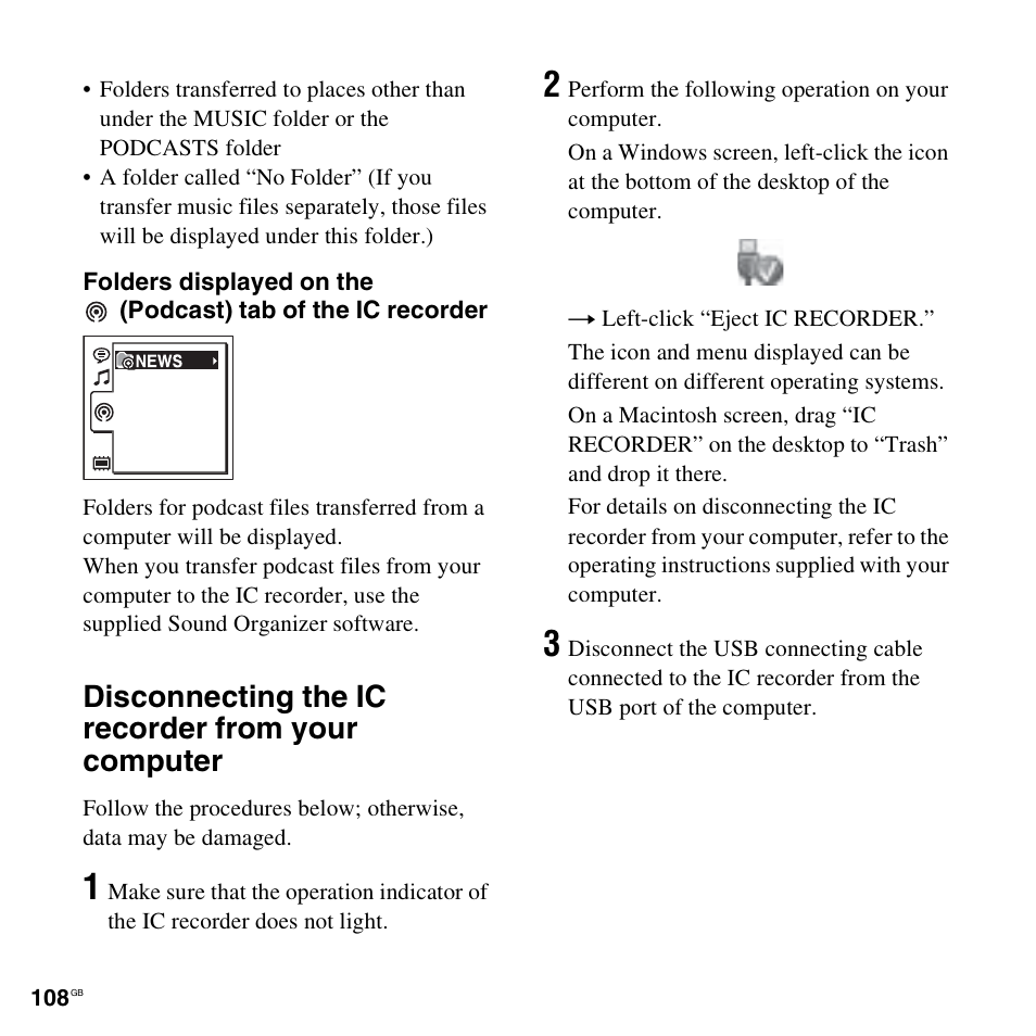 Disconnecting the ic recorder from your computer | Sony ICD-SX712D User Manual | Page 108 / 155