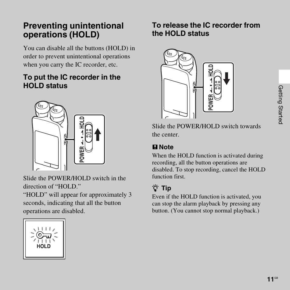 Preventing unintentional operations (hold) | Sony ICD-SX712D User Manual | Page 11 / 155