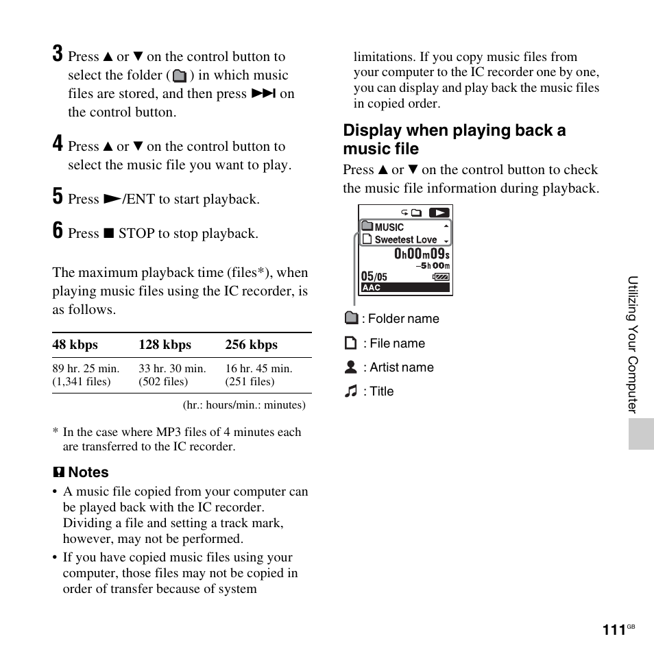 Display when playing back a music file | Sony ICD-SX712D User Manual | Page 111 / 155