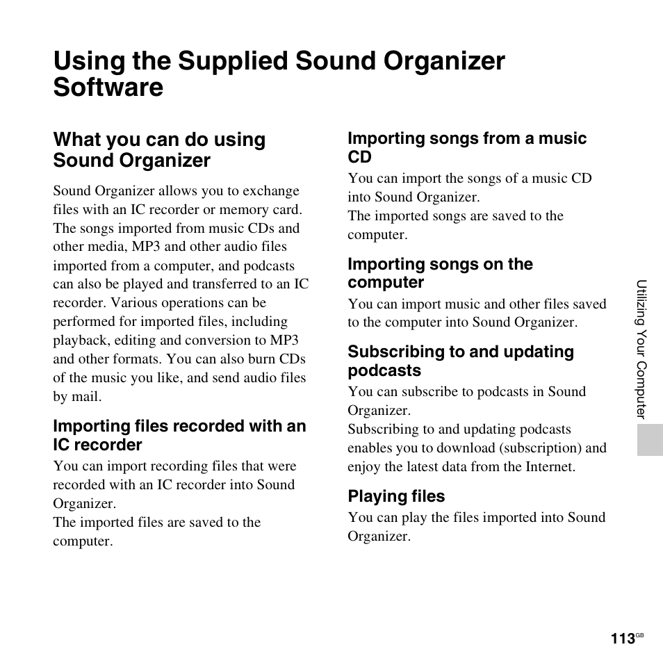 Using the supplied sound organizer software, What you can do using sound organizer | Sony ICD-SX712D User Manual | Page 113 / 155