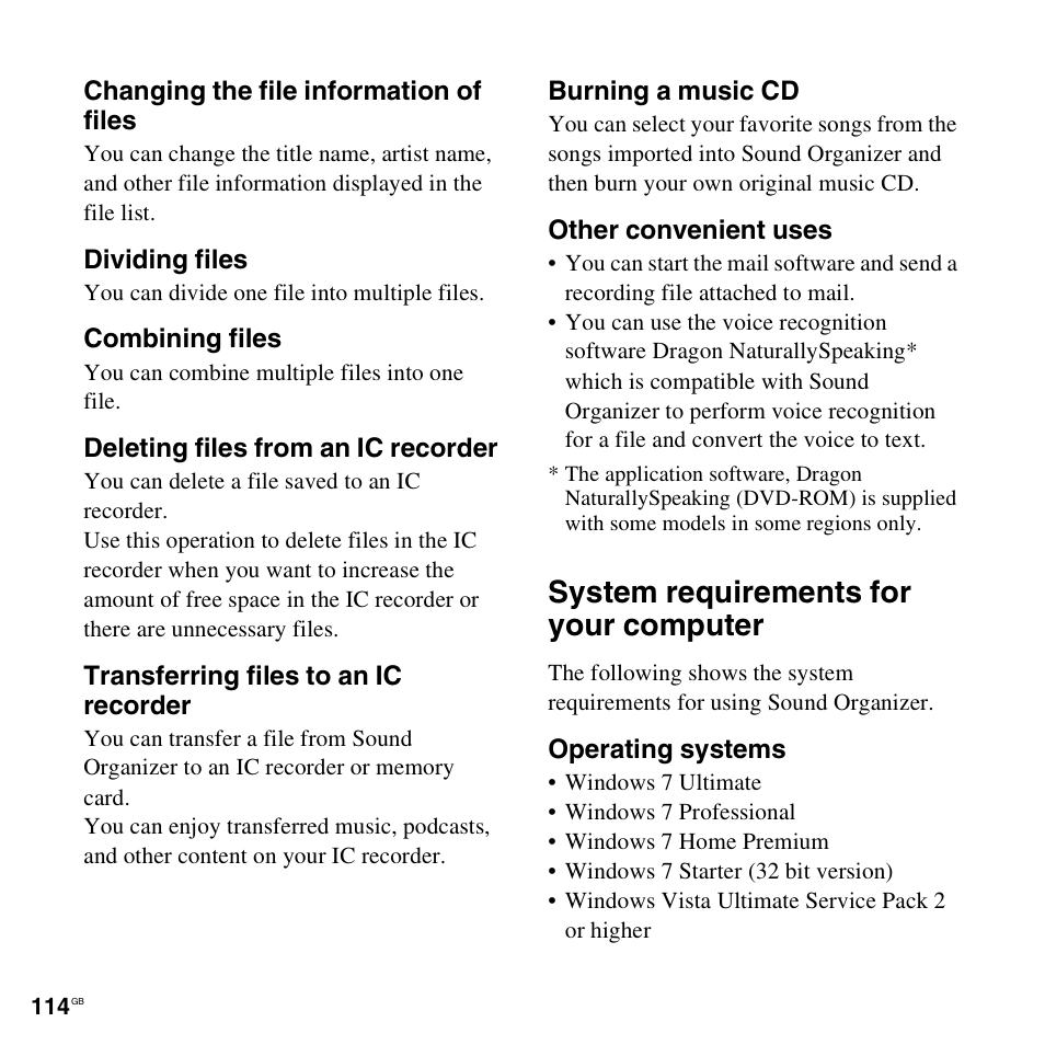 System requirements for your computer | Sony ICD-SX712D User Manual | Page 114 / 155