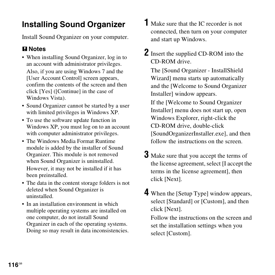 Installing sound organizer | Sony ICD-SX712D User Manual | Page 116 / 155