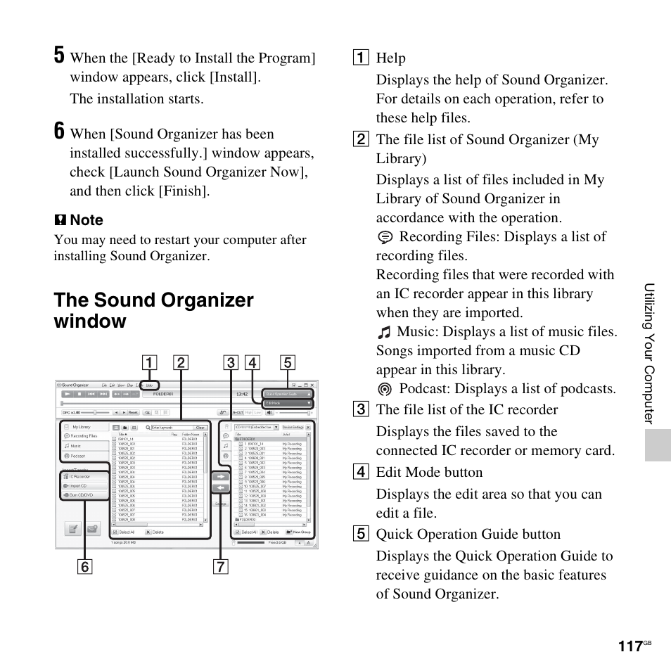 The sound organizer window | Sony ICD-SX712D User Manual | Page 117 / 155